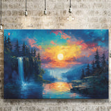 Waterfall Oil Painting In The Sunset, Art Print, Canvas Print Wall Art Home Decor