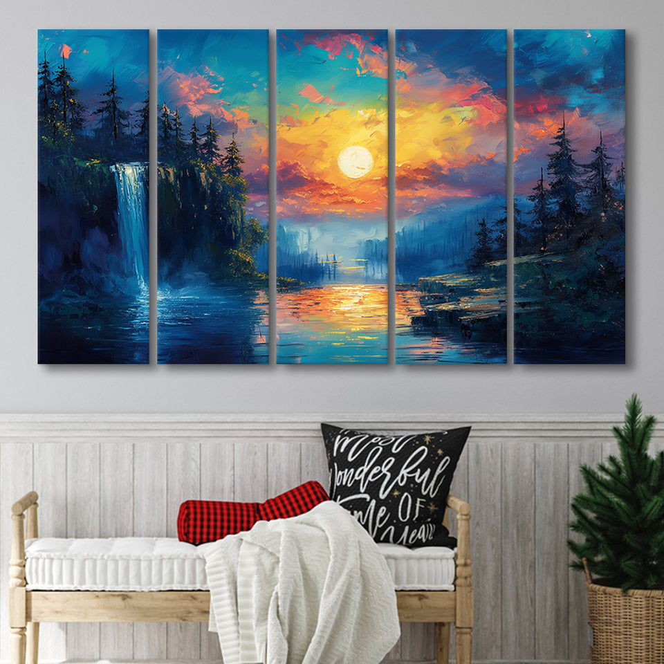 Waterfall Oil Painting In The Sunset, Extra Large Canvas, Canvas Print Wall Art Decor