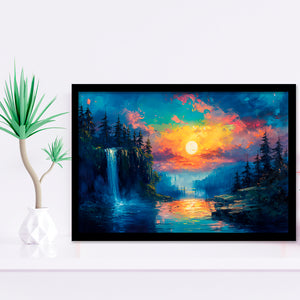 Waterfall Oil Painting In The Sunset, Painting Art, Framed Art Print Wall Art Home Decor