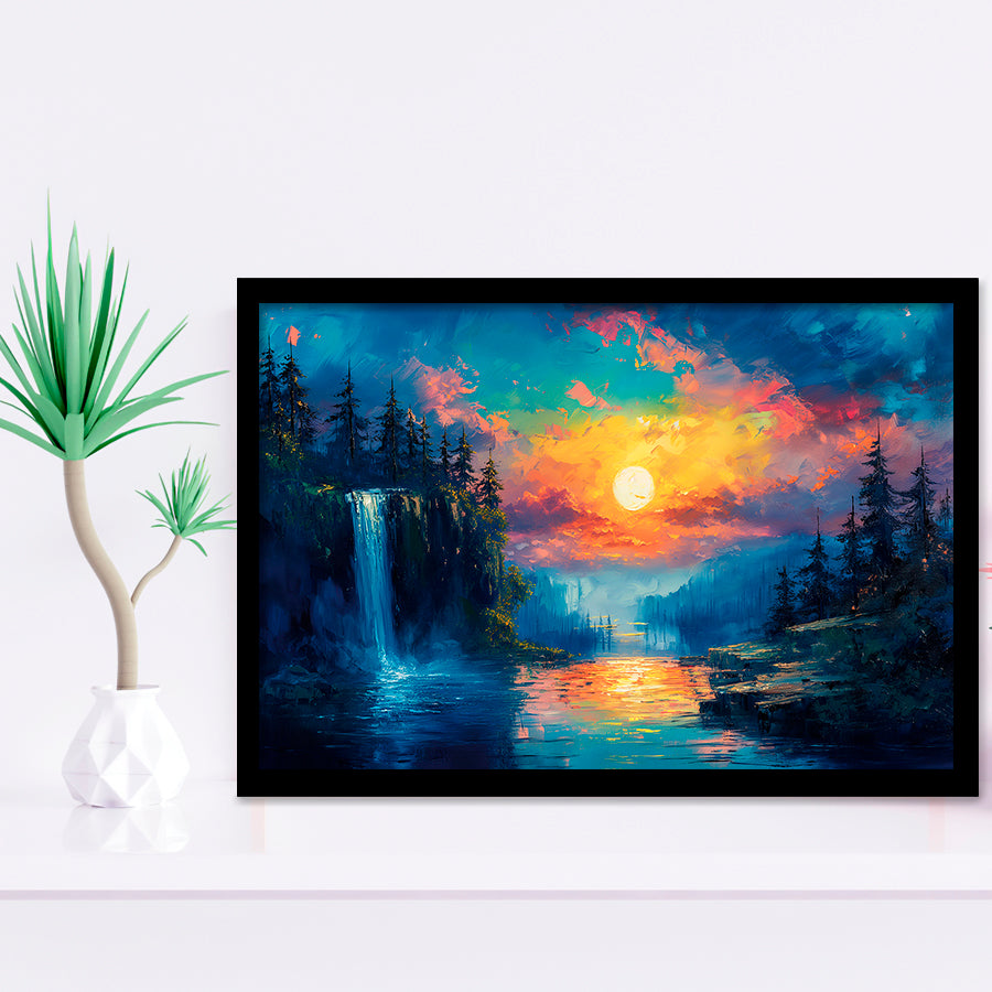 Waterfall Oil Painting In The Sunset, Painting Art, Framed Art Print Wall Art Home Decor