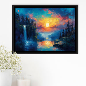 Waterfall Oil Painting In The Sunset, Floating Frame, Framed Canvas Print Wall Art Home Decor