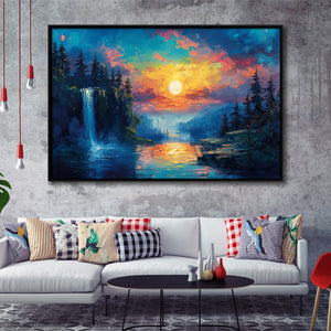 Waterfall Oil Painting In The Sunset, Floating Frame, Framed Canvas Print Wall Art Home Decor