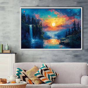 Waterfall Oil Painting In The Sunset, Floating Frame, Framed Canvas Print Wall Art Home Decor