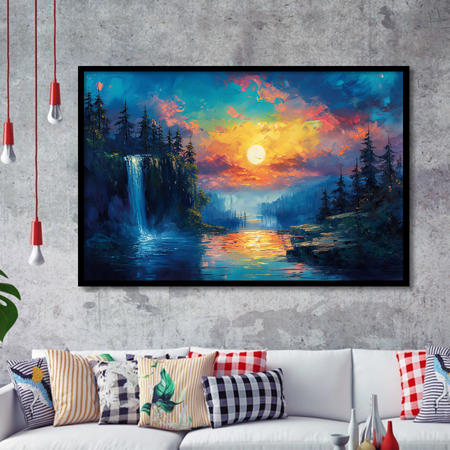 Waterfall Oil Painting In The Sunset, Painting Art, Framed Art Print Wall Art Home Decor