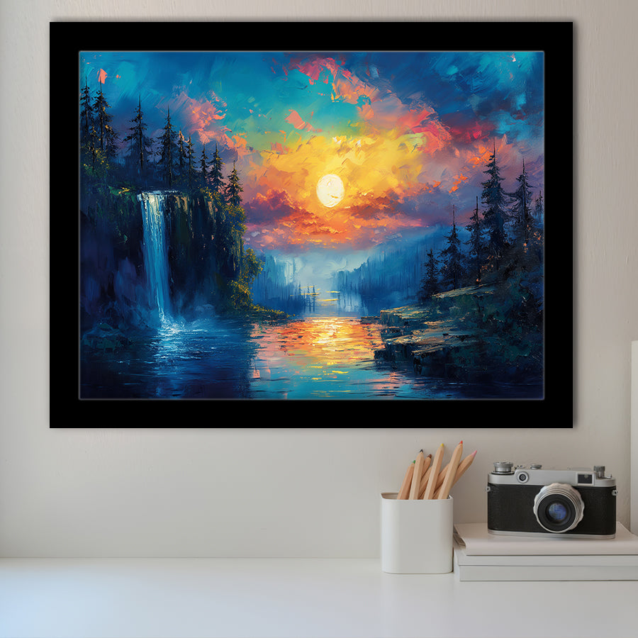 Waterfall Oil Painting In The Sunset, Painting Art, Framed Art Print Wall Art Home Decor