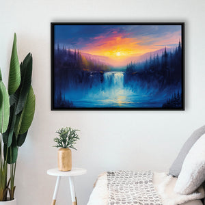 Waterfall in the Forest Sunset Painting, Floating Frame, Framed Canvas Print Wall Art Home Decor