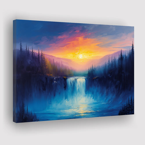 Waterfall in the Forest Sunset Painting, Art Print, Canvas Print Wall Art Home Decor