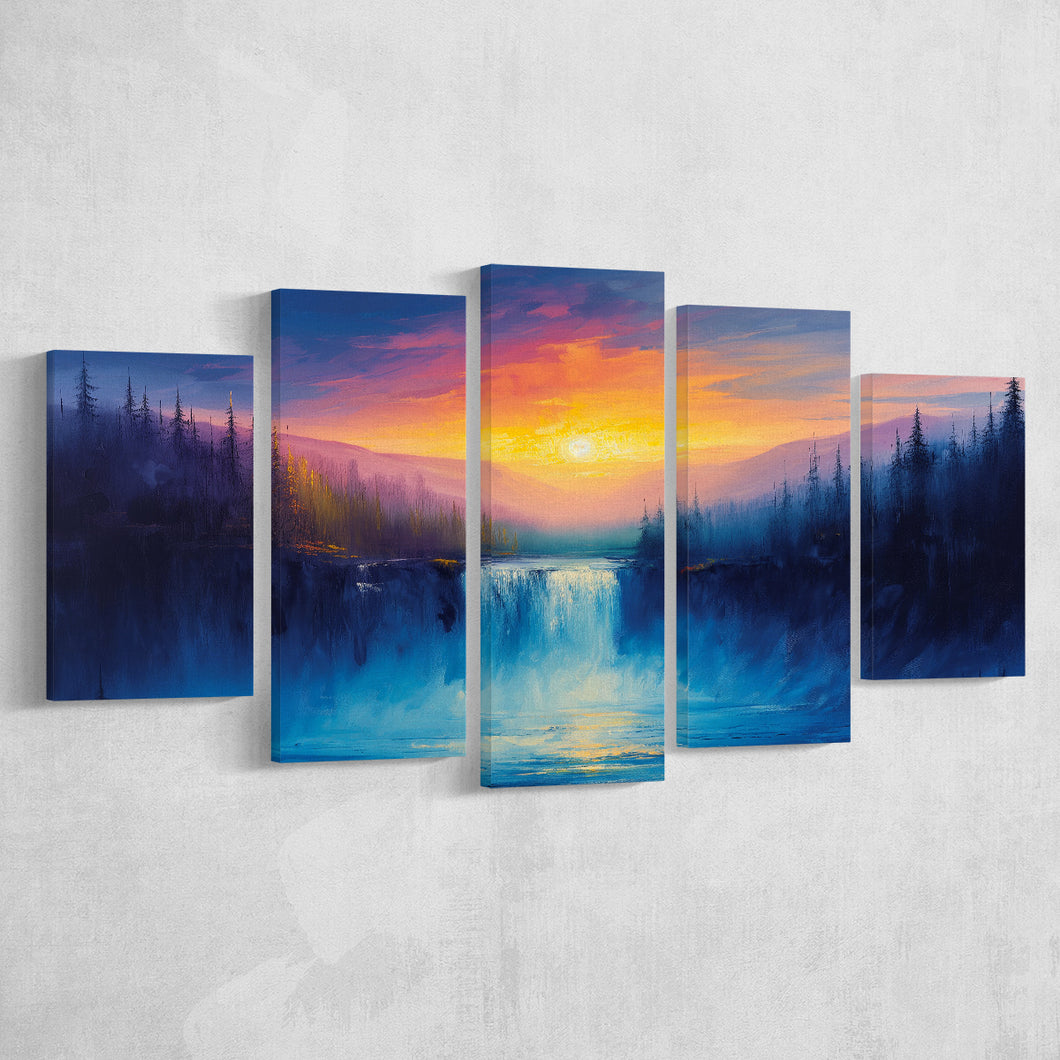 Waterfall in the Forest Sunset Painting, Multi Panel,Mixed Canvas Print Wall Art Decor