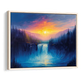 Waterfall in the Forest Sunset Painting, Floating Frame, Framed Canvas Print Wall Art Home Decor