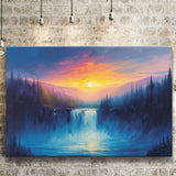 Waterfall in the Forest Sunset Painting, Art Print, Canvas Print Wall Art Home Decor