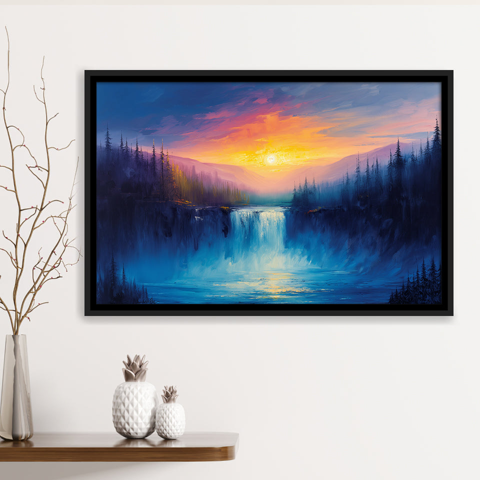 Waterfall in the Forest Sunset Painting, Floating Frame, Framed Canvas Print Wall Art Home Decor