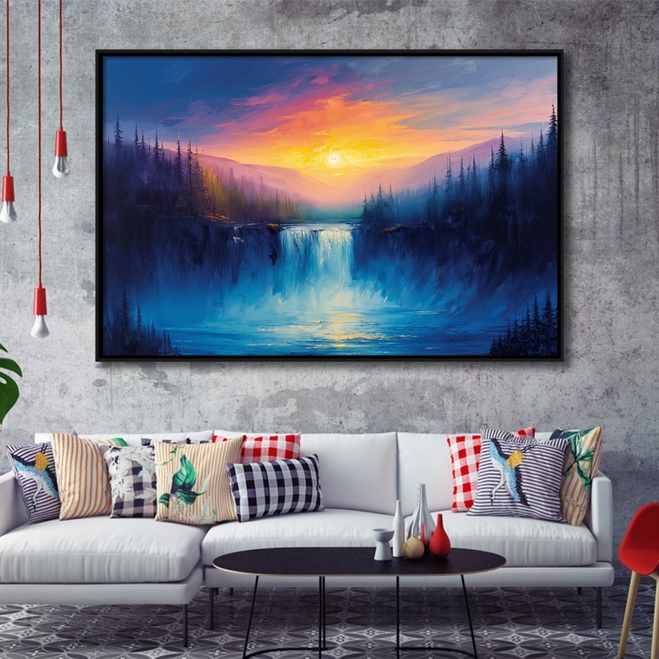 Waterfall in the Forest Sunset Painting, Floating Frame, Framed Canvas Print Wall Art Home Decor