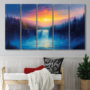 Waterfall in the Forest Sunset Painting, Extra Large Canvas, Canvas Print Wall Art Decor