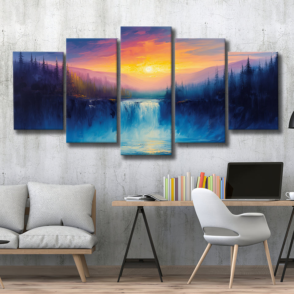 Waterfall in the Forest Sunset Painting, Multi Panel,Mixed Canvas Print Wall Art Decor