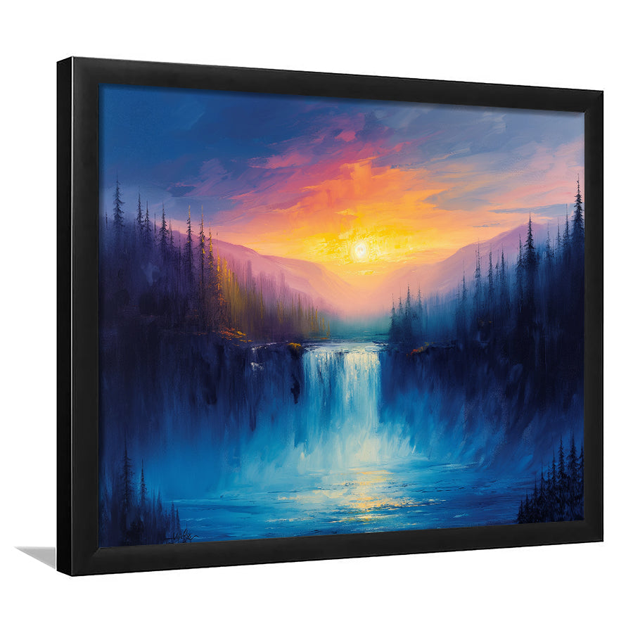 Waterfall in the Forest Sunset Painting, Painting Art, Framed Art Print Wall Art Home Decor