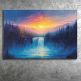 Waterfall in the Forest Sunset Painting, Art Print, Canvas Print Wall Art Home Decor