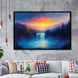 Waterfall in the Forest Sunset Painting, Painting Art, Framed Art Print Wall Art Home Decor