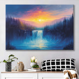 Waterfall in the Forest Sunset Painting, Art Print, Canvas Print Wall Art Home Decor