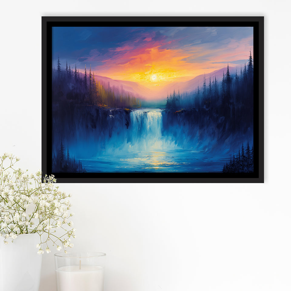 Waterfall in the Forest Sunset Painting, Floating Frame, Framed Canvas Print Wall Art Home Decor