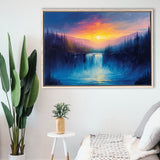 Waterfall in the Forest Sunset Painting, Floating Frame, Framed Canvas Print Wall Art Home Decor