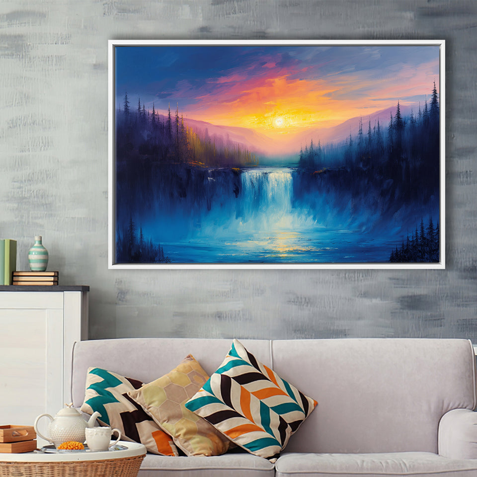 Waterfall in the Forest Sunset Painting, Floating Frame, Framed Canvas Print Wall Art Home Decor