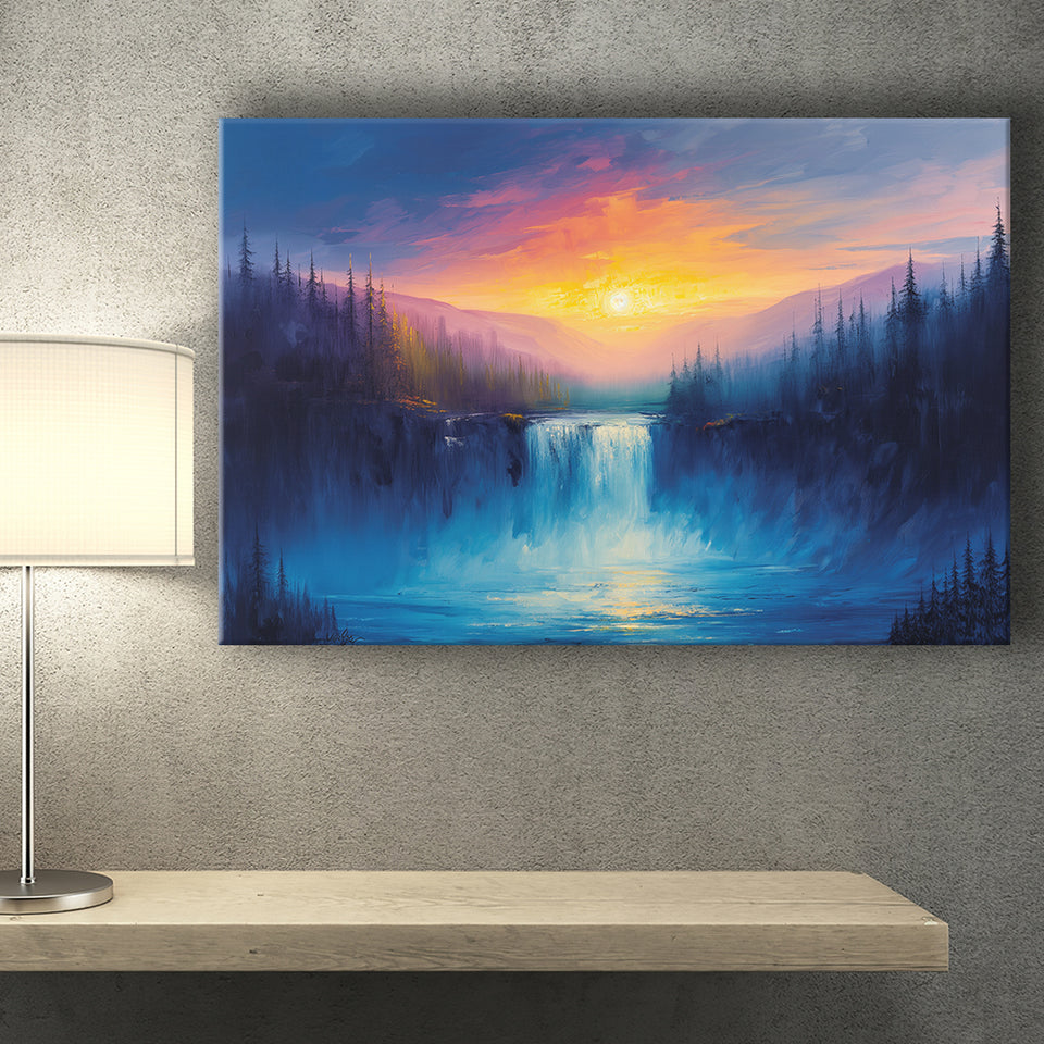 Waterfall in the Forest Sunset Painting, Art Print, Canvas Print Wall Art Home Decor