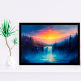 Waterfall in the Forest Sunset Painting, Painting Art, Framed Art Print Wall Art Home Decor