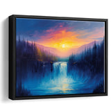 Waterfall in the Forest Sunset Painting, Floating Frame, Framed Canvas Print Wall Art Home Decor