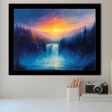 Waterfall in the Forest Sunset Painting, Painting Art, Framed Art Print Wall Art Home Decor