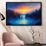 Waterfall in the Forest Sunset Painting, Floating Frame, Framed Canvas Print Wall Art Home Decor