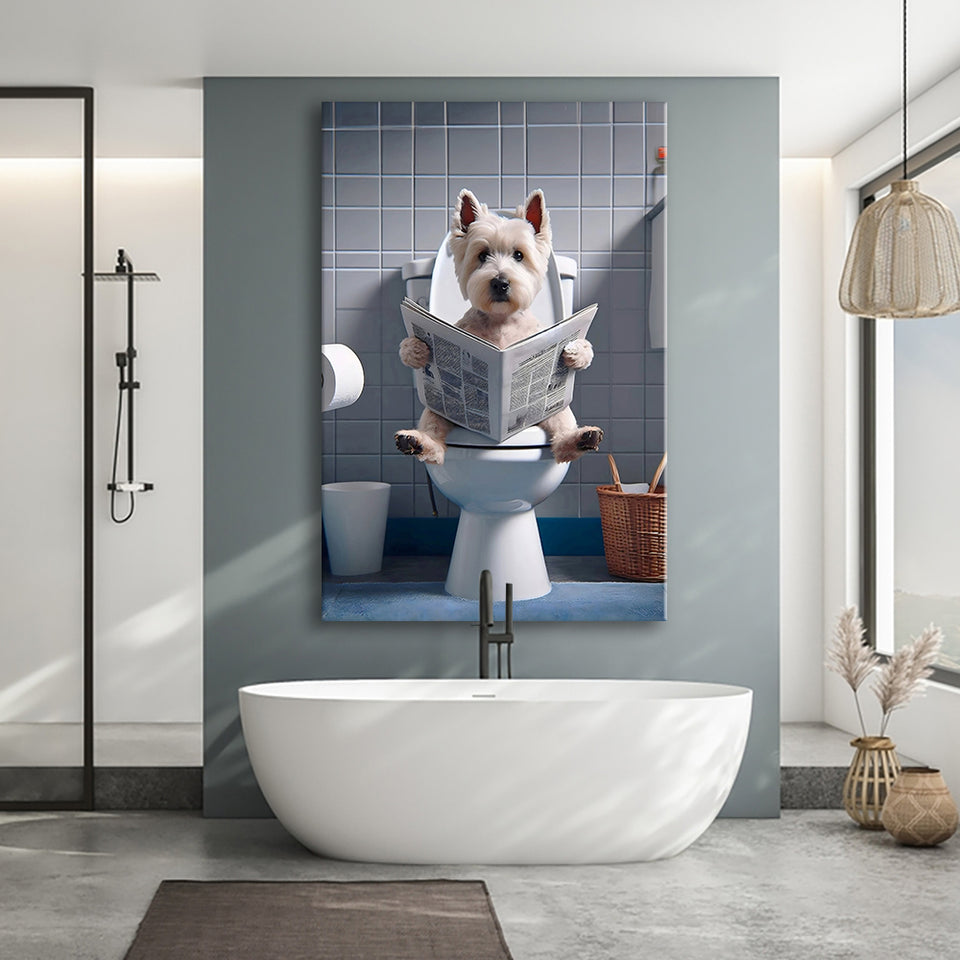 West Highland Terrier Art Canvas Prints Wall Art, Funny Bathroom Decor, Dog in Toilet