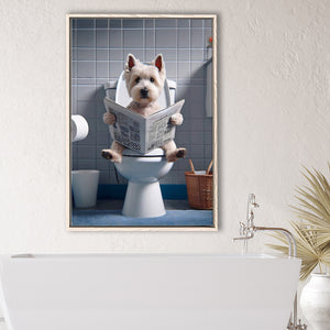 West Highland Terrier Art Framed Canvas Prints Wall Art, Funny Bathroom Decor, Dog In Toilet