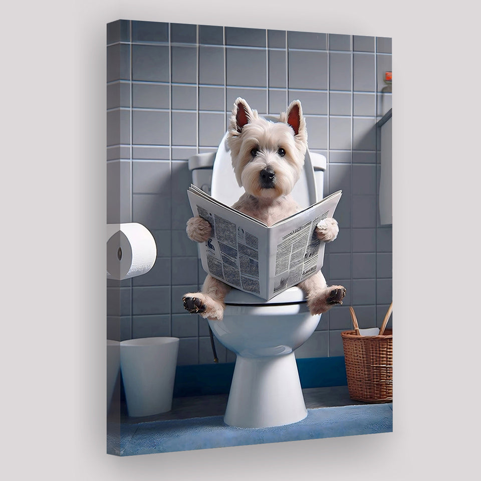 West Highland Terrier Art Canvas Prints Wall Art, Funny Bathroom Decor, Dog in Toilet