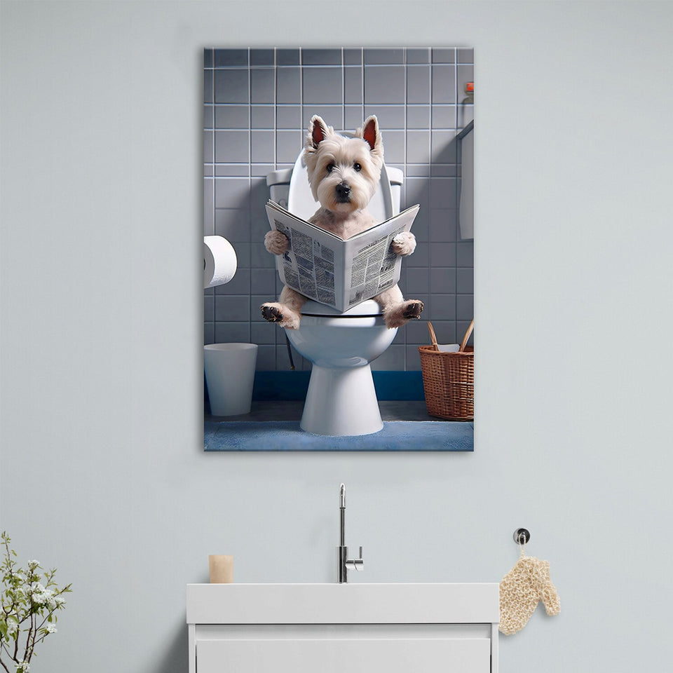 West Highland Terrier Art Canvas Prints Wall Art, Funny Bathroom Decor, Dog in Toilet