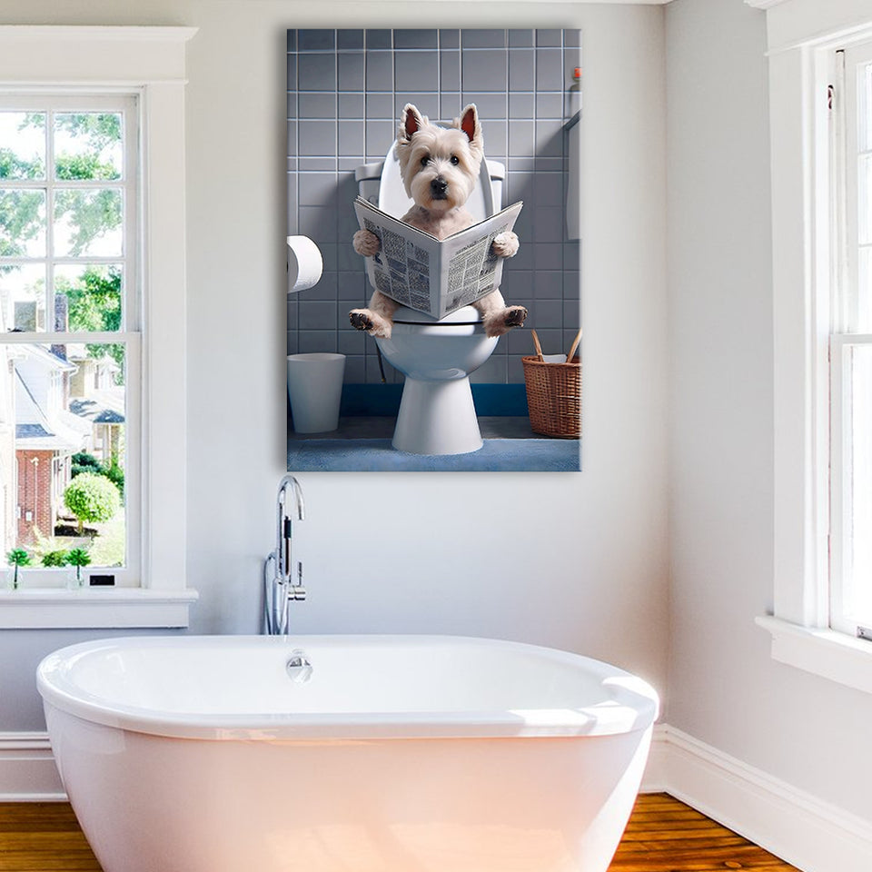West Highland Terrier Art Canvas Prints Wall Art, Funny Bathroom Decor, Dog in Toilet