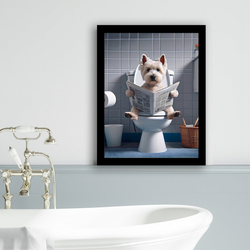 West Highland Terrier Art Framed Art Print Wall Decor, Funny Bathroom Decor, Dog In Toilet