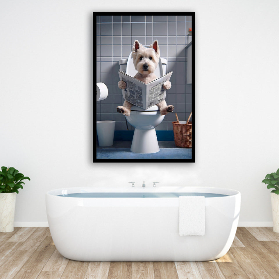 West Highland Terrier Art Framed Art Print Wall Decor, Funny Bathroom Decor, Dog In Toilet