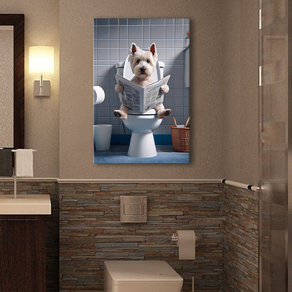 West Highland Terrier Art Canvas Prints Wall Art, Funny Bathroom Decor, Dog in Toilet