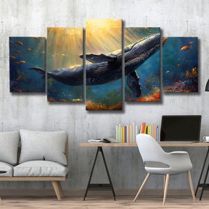 Whale In The Sea Ocean Acrylic Painting, Multi Panel,Mixed Canvas Print Wall Art Decor