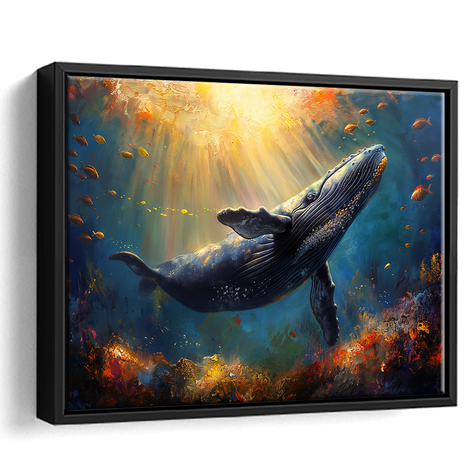 Whale In The Sea Ocean Acrylic Painting, Floating Frame, Framed Canvas Print Wall Art Home Decor