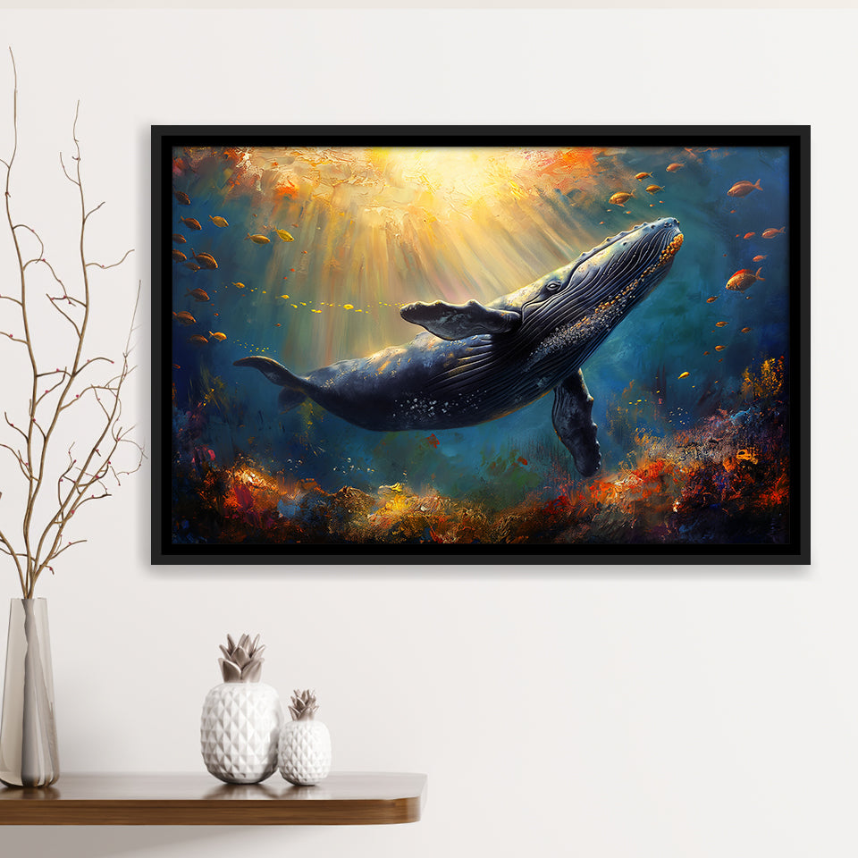 Whale In The Sea Ocean Acrylic Painting, Floating Frame, Framed Canvas Print Wall Art Home Decor