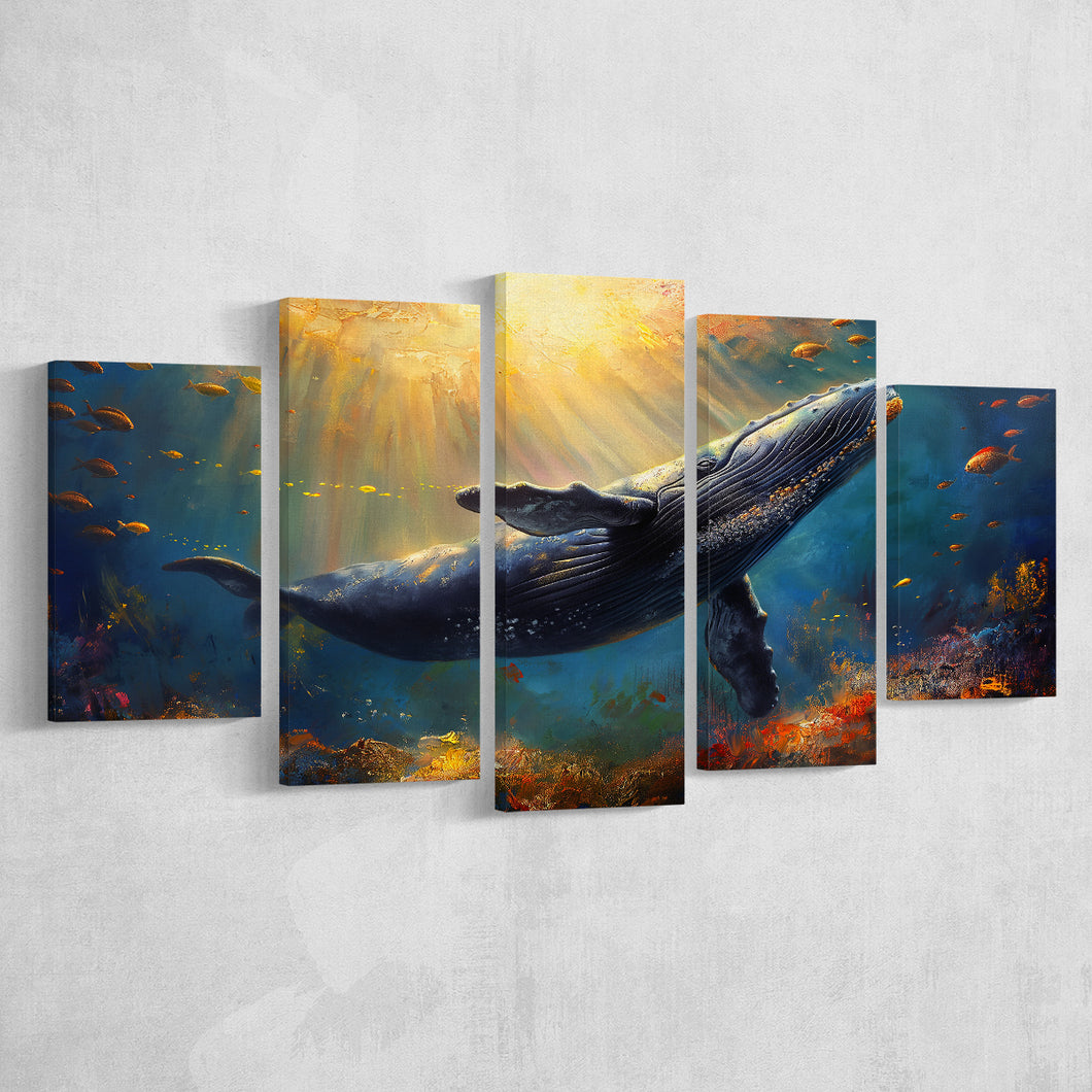 Whale In The Sea Ocean Acrylic Painting, Multi Panel,Mixed Canvas Print Wall Art Decor