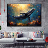 Whale In The Sea Ocean Acrylic Painting, Floating Frame, Framed Canvas Print Wall Art Home Decor