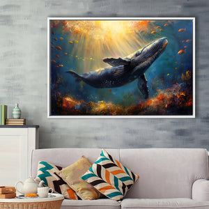 Whale In The Sea Ocean Acrylic Painting, Floating Frame, Framed Canvas Print Wall Art Home Decor