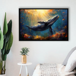 Whale In The Sea Ocean Acrylic Painting, Floating Frame, Framed Canvas Print Wall Art Home Decor