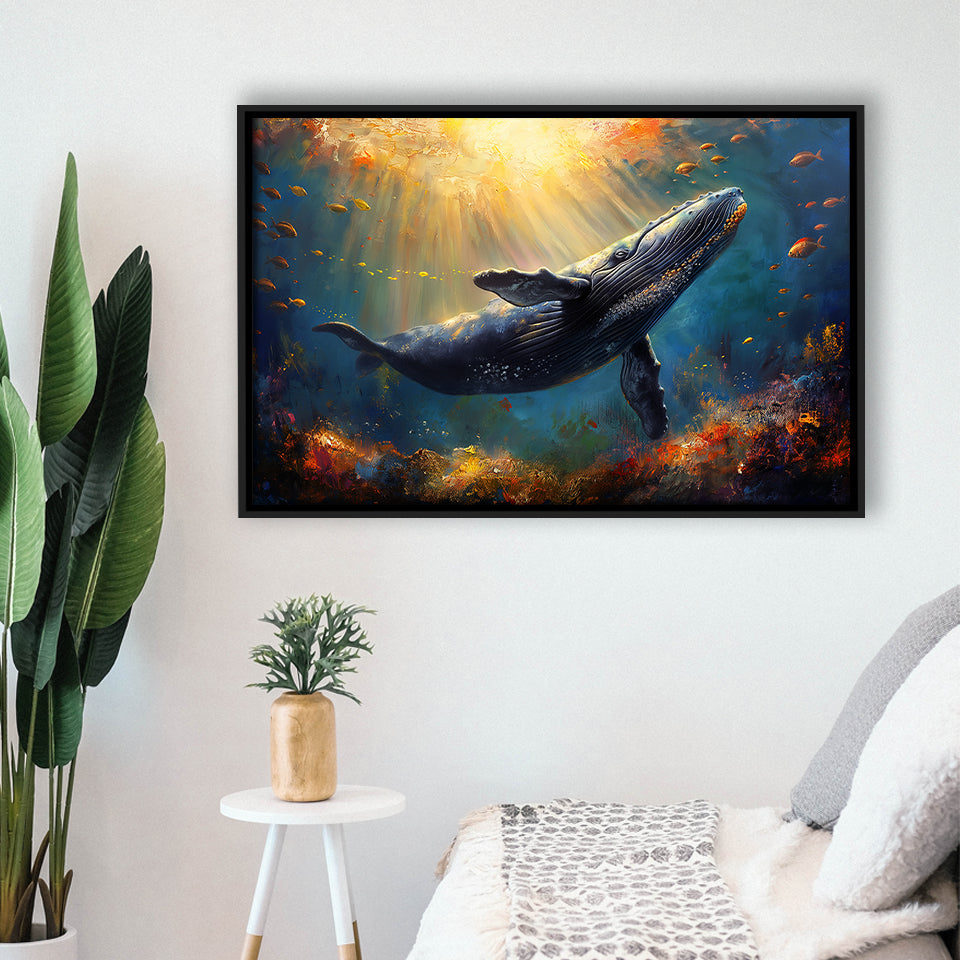 Whale In The Sea Ocean Acrylic Painting, Floating Frame, Framed Canvas Print Wall Art Home Decor