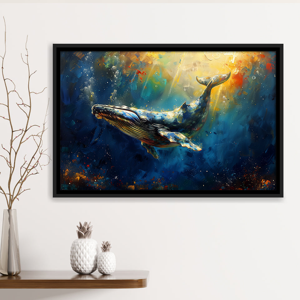 Whale In The Sea Ocean Oil Painting, Floating Frame, Framed Canvas Print Wall Art Home Decor