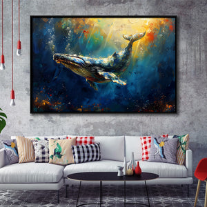 Whale In The Sea Ocean Oil Painting, Floating Frame, Framed Canvas Print Wall Art Home Decor