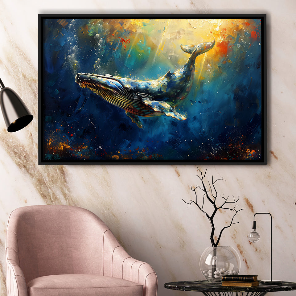 Whale In The Sea Ocean Oil Painting, Floating Frame, Framed Canvas Print Wall Art Home Decor