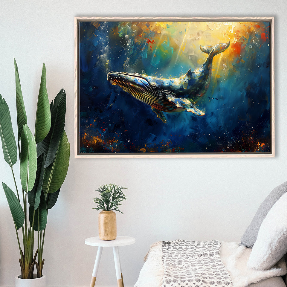 Whale In The Sea Ocean Oil Painting, Floating Frame, Framed Canvas Print Wall Art Home Decor